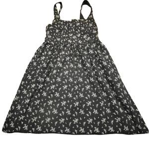 Aerie Smocked Midi Dress Womens Large Black Floral Sleeveless Cottagecore